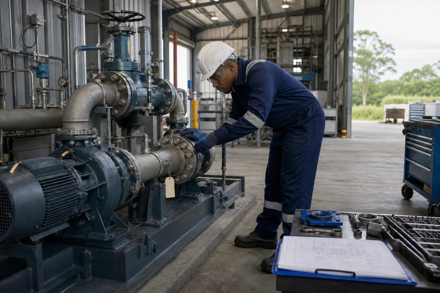 Industrial engineer inspecting pump and piping equipment
