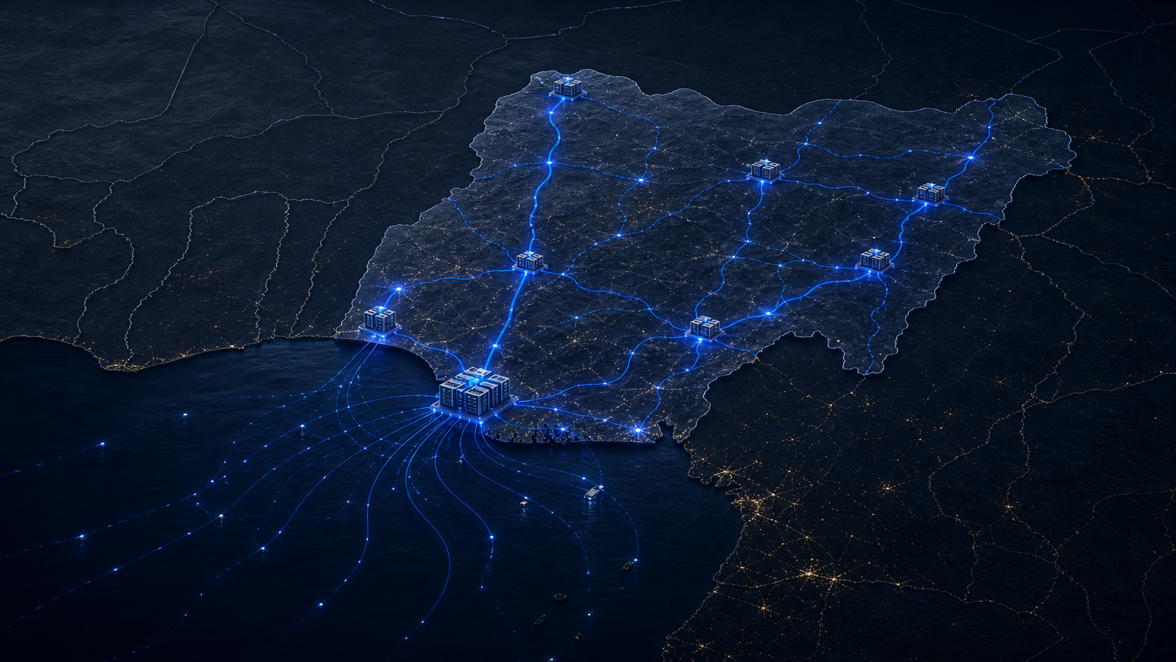 Stylized Nigeria-centered digital infrastructure and energy network map