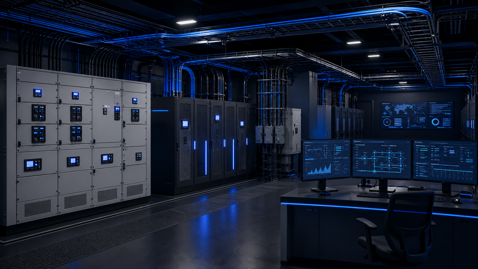 Secure data center power room with switchgear and monitoring infrastructure